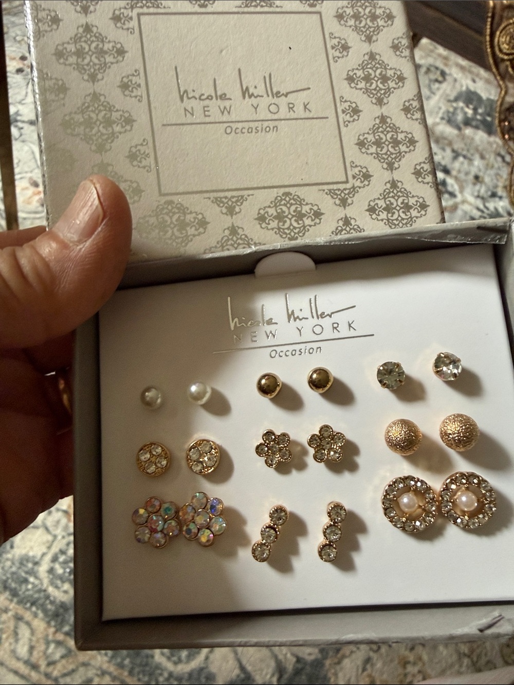 Nicole Miller 9 pieces Gold and Crystal Multi-Pair Earring Set - Picture 3 of 6